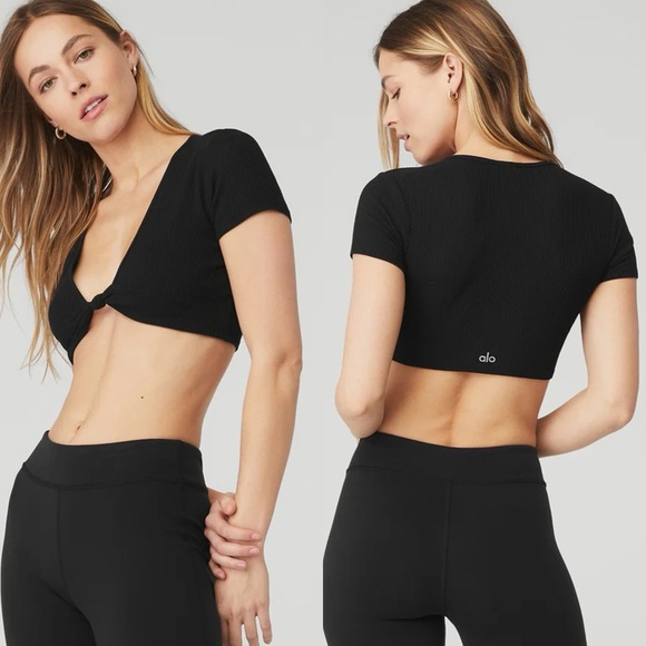 Alo Yoga Ribbed Knotty Short Sleeve - Black XS - Picture 1 of 4